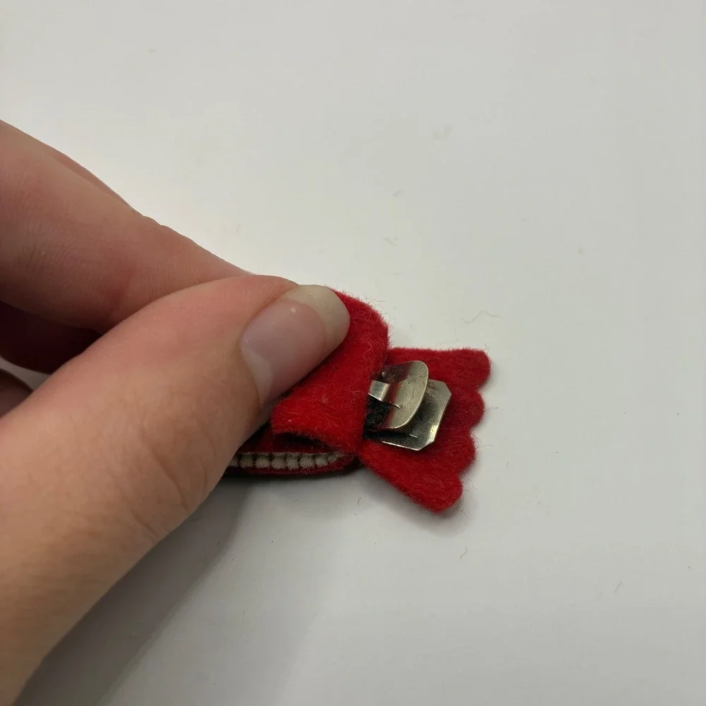 Vintage Handmade Red Felt Mitten Hair Barrette Clip Floral Hand Embroidered